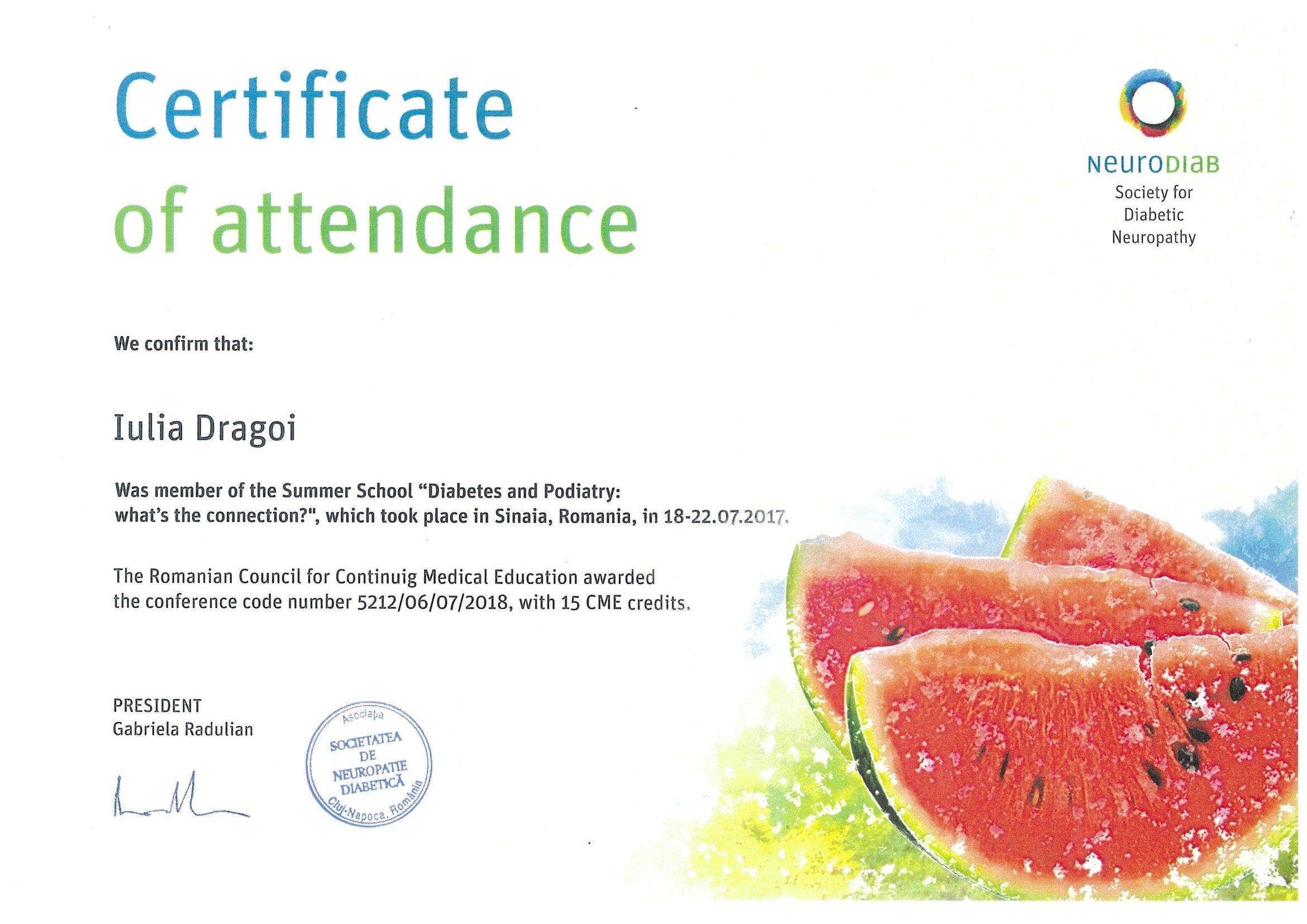 Certificat NeuroDiab — Summer School Diabetes and Podiatry, Sinaia