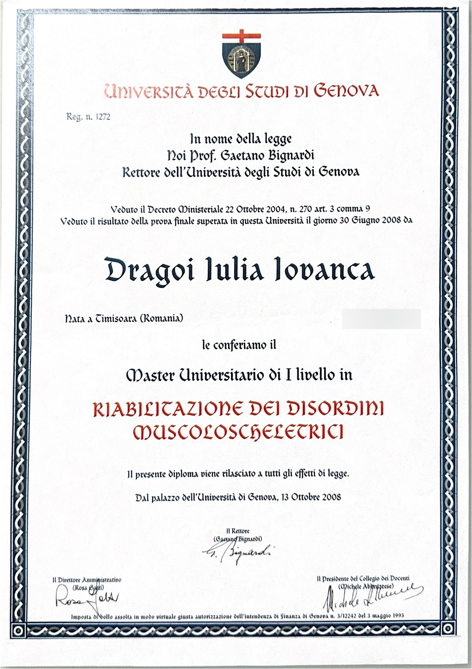 Diplomă de master în Reabilitarea disfuncțiilor musculoscheletale — Università degli Studi di Genova